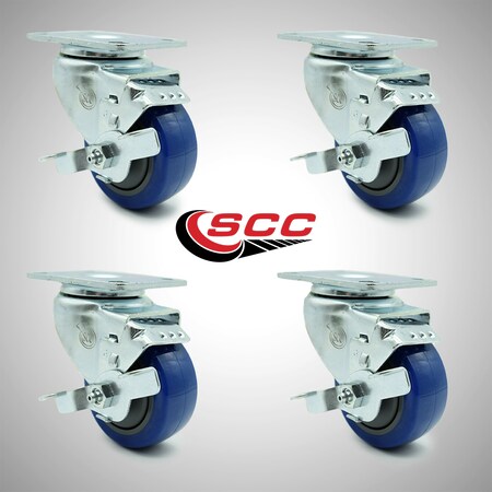 Service Caster 3 Inch SS Blue Polyurethane Swivel Top Plate Caster Set with Brake SCC SCC-SS20S314-PPUB-BLUE-TLB-4